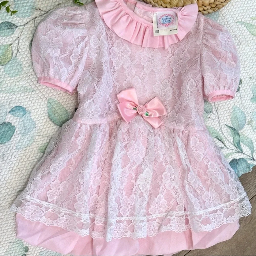 Vintage Toddler Girl Dress Pink White Floral Lace by Ribbons & Lace Collection